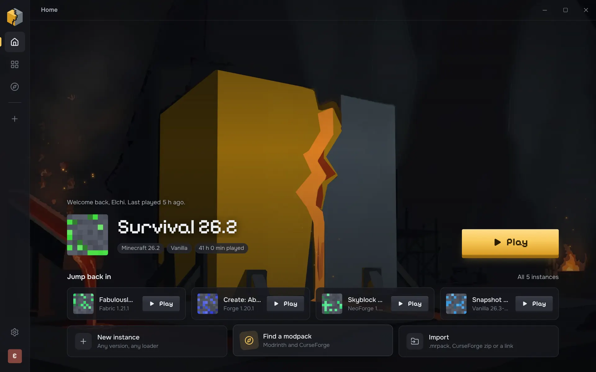 Alloy's home screen: the last played instance, Survival 26.2, with a gold Play button in front of a forge